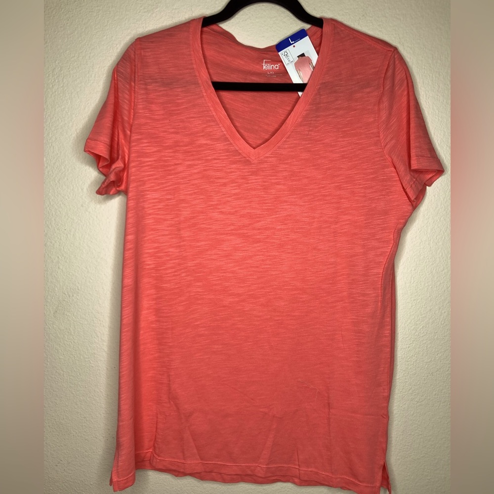 Women’s V-neck shirt short sleeve top Felina Large NWT pink/sugar coral